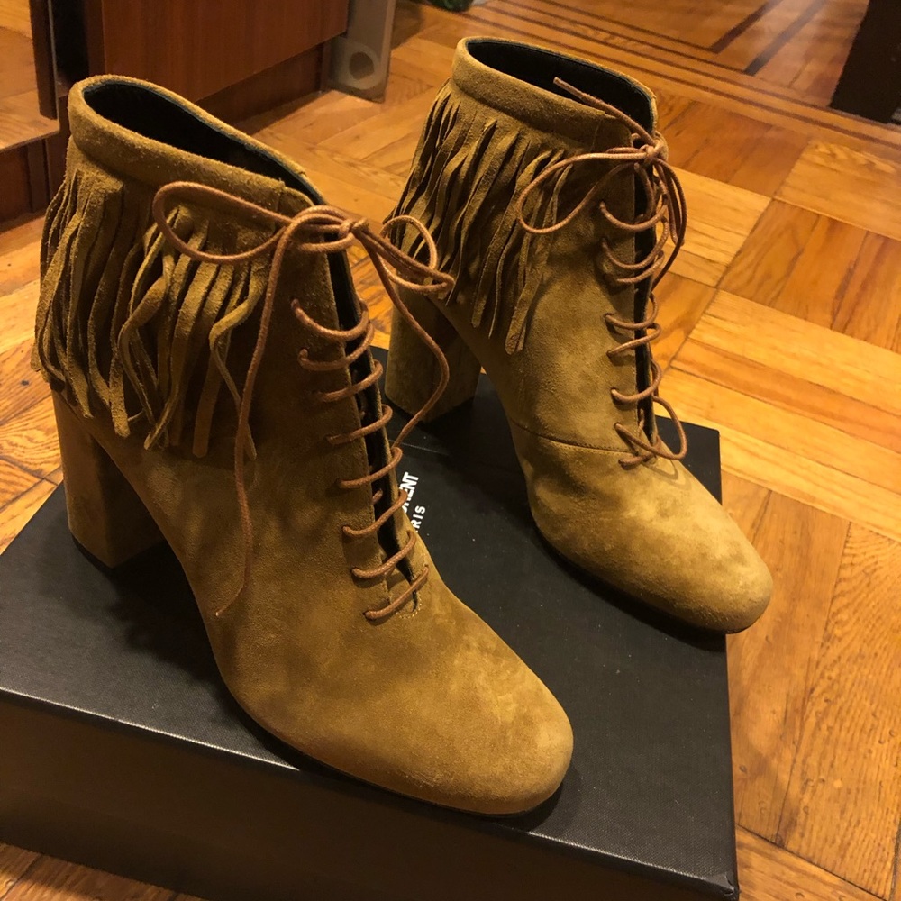 Saint Laurent brown suede fringe Ankle booties